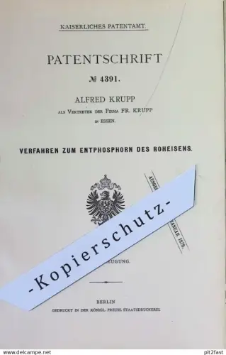 original Patent - Alfred Krupp | Fa. Fr. Krupp , Essen | 1877 | Entphosphorn von Roheisen | Eisen , Phosphor , Stahl !