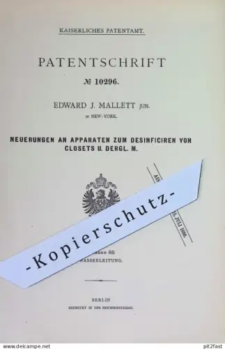 original Patent - Edward J. Mallett , New York , USA | 1880 | Desinfizieren von Closets | WC , Toilette , Desinfektion