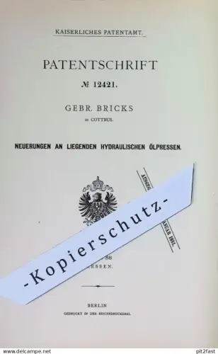 original Patent - Gebr. Bricks , Cottbus | 1880 | Hydraulische Ölpresse | Öl - Presse | Pressen | Hydraulik