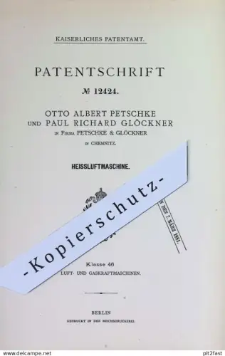original Patent - Otto Albert Petschke , Paul Richard Glöckner , Chemnitz | 1879 | Heißluftmaschine | Motor , Gasmotor
