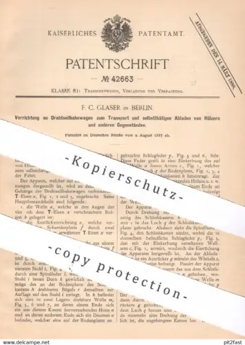 original Patent - F. C. Glaser , Berlin , 1887 , Drahtseilbahnwagen | Seilbahn , Bahn | Transport