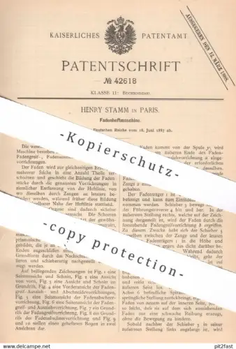 original Patent - Henry Stamm , Paris , Frankreich , 1887 , Fadenheftmaschine | Heftmaschine | Buchbinderei