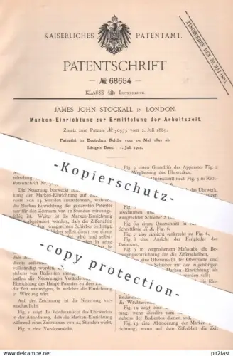 original Patent - James John Stockall , London , England , 1892 , Ermittlung der Arbeitszeit | Uhrwerk , Uhr , Zählwerk