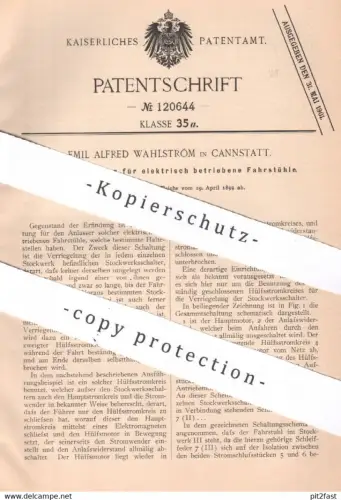 original Patent - Emil Alfred Wahlström , Cannstatt / Stuttgart , 1899 , Schaltung für elektrische Fahrstühle | Aufzug !