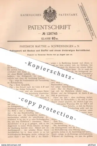 original Patent - Friedrich Mauthe , Schwenningen a. N. , 1900 , Schlagwerk mit Rechen und Staffel | Zeigerwerk , Uhr !!