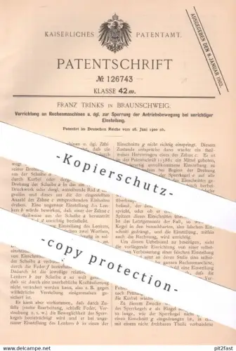 original Patent - Franz Trinks , Braunschweig , 1900 , Rechenmaschine | Rechner , Addiermaschine , Mathematik , Zählwerk