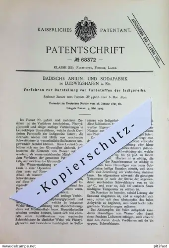 original Patent -  Badische Anilin- u. Sodafabrik , Ludwigshafen / Rh. | 1891 | Farbstoffe der Indigoreihe | Indigo Blau