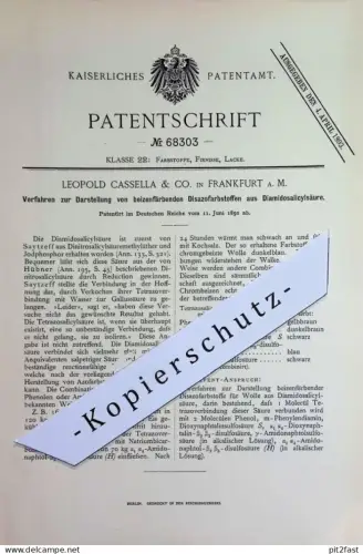 original Patent - Leopold Cassella & Co. , Frankfurt / Main | 1892 | beizenfärbende Disazofarbstoffe | Beize , Farbe !