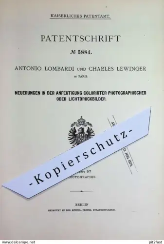 original Patent - Antonio Lombardi , Charles Lewinger , Paris , Frankreich | 1878 | Lichtdruckbilder | Fotos , Fotograf