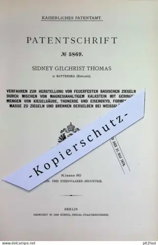 original Patent - Sidney Gilchrist Thomas , Battersea , England | 1878 | feuerfeste basische Ziegel | Ziegelei Ton Stein