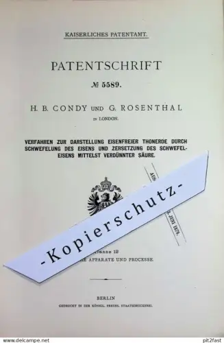 original Patent - H. B. Condy , G. Rosenthal , London , England | 1878 | eisenfreie Tonerde | Schwefel , Eisen , Säure