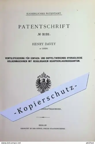 original Patent - Henry Davey , Leeds , England | 1877 | Ventilsteuerung für Kolbenmaschinen | Motor , Kraftmaschine