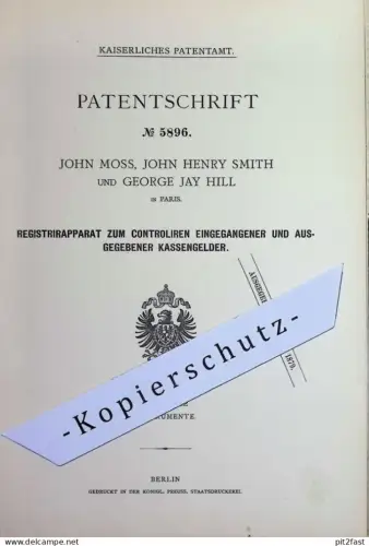 original Patent - John Moss , John Henry Smith , George Jay Hill , Paris , Frankreich | 1878 | Kasse , Registrierkasse