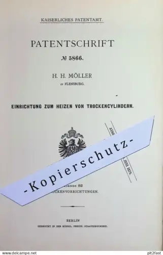 original Patent - H. H. Möller , Flensburg | 1878 | Heizen von Trockenzylindern | Heizung , Gas , Leuchtgas , Feuerung