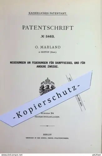 original Patent - O. Maryland , Boston , Massachusetts , USA | 1878 | Feuerungen für Dampfkessel | Kessel , Wasserkessel