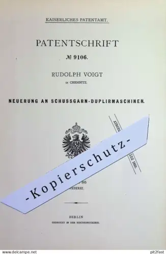 original Patent - Rudolph Voigt , Chemnitz | 1879 | Schussgarn - Dupliermaschine | Garn , Spule , Spulmaschinen , Weben