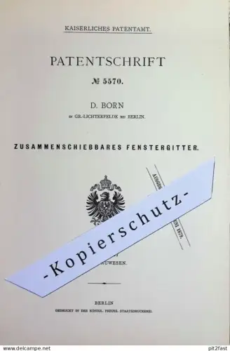 original Patent - D. Born , Berlin / Groß Lichterfelde | 1878 | Zusammenschiebbares Fenstergitter | Fenster - Gitter !!