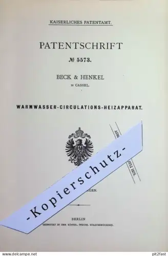 original Patent - Beck & Henkel , Cassel / Kassel | 1878 | Heizung mit Warmwasser - Zirkulation | Heizen , Ofen Feuerung