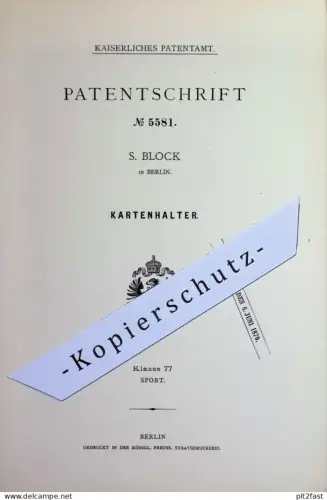 original Patent - S. Block , Berlin | 1878 | Kartenhalter | Halterung für Karte , Karten | Papier , Büro , Sport !!