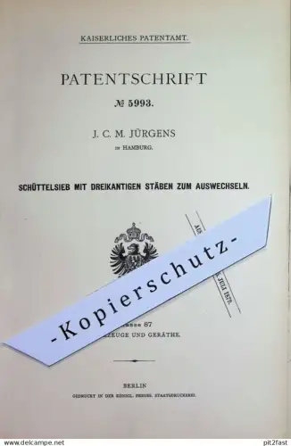 original Patent - J. C. M. Jürgens , Hamburg | 1878 | Schüttelsieb mit dreikantigen Stäben | Sieb , Sieben
