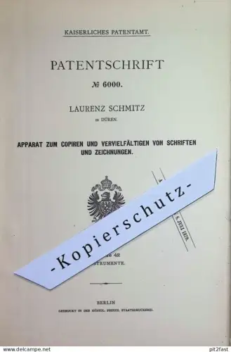 original Patent - Laurenz Schmitz , Düren | 1878 | Kopie & Vervielfältigung von Schriften und Zeichnungen | Kopieren