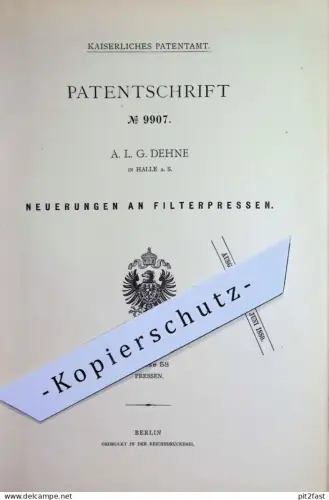 original Patent - A. L. G. Dehne , Halle / Saale | 1878 | Filterpresse | Filter - Presse | Pressen , Filtration