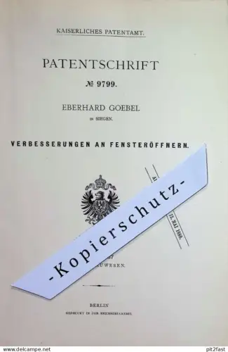 original Patent - Eberhard Goebel , Siegen | 1879 | Fensteröffner | Fenster , Fensterbauer , Fensterflügel