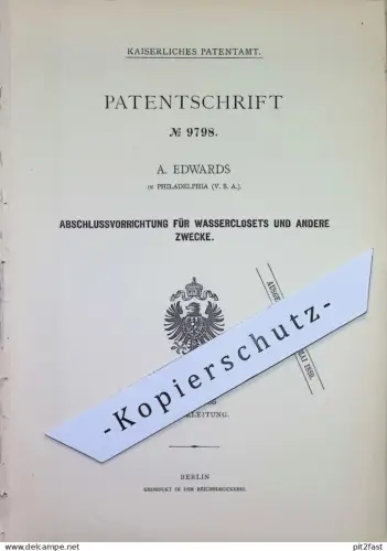 original Patent - A. Edwards , Philadelphia , USA | 1879 | Abschlussvorrichtung für Wasserkloset | WC Toilette Spülung