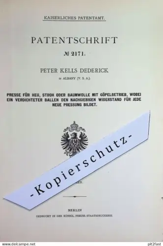 original Patent - Peter Kells Dederick , Albany USA | 1877 | Presse für Heu , Stroh , Baumwolle | Strohpresse Heupresse