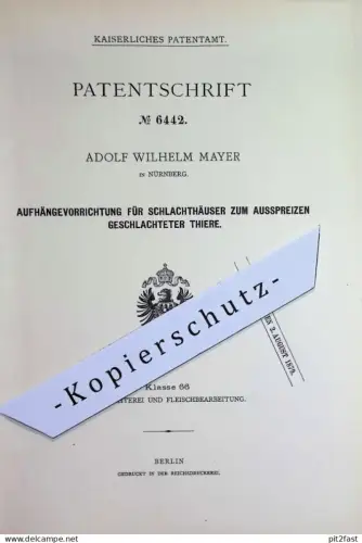original Patent - Adolf Wilhelm Mayer , Nürnberg | 1878 | Aufhängen geschlachteter Tiere im Schlachthaus | Schlachterei