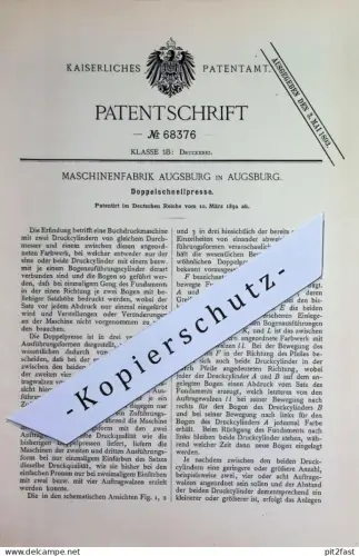 original Patent - Maschinenfabrik Augsburg | 1892 | Doppelschnellpresse | Schnellpresse | Presse , Pressen , Druck !!
