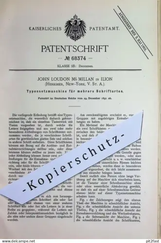 original Patent - John Loudon Mc Millan , Ilion , Herkimer , New York , USA | 1891 | Typensetzmaschine | Druck Buchdruck