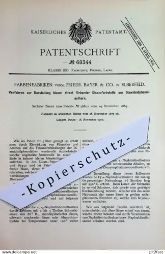 original Patent - Farbenfabriken vorm. Friedr. Bayer & Co. , Elberfeld | 1889 | blau färbender Disazofarbstoff | Farbe !