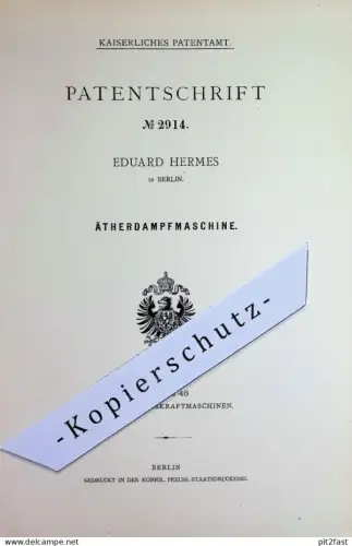 original Patent - Eduard Hermes , Berlin | 1878 | Ätherdampfmaschine | Äther - Dampfmaschine | Motor , Motoren