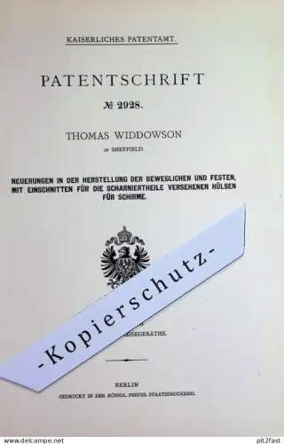 original Patent - Thomas Widdowson , Sheffield , England | 1878 | Scharniere u. Hülsen für Schirme | Regenschirm Schirm