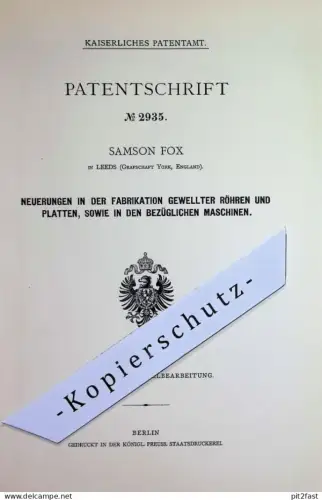 original Patent - Samson Fox , Leeds , York , England | 1877 | gewellte Röhren u. Platten | Rohr , Rohre , Maschinen