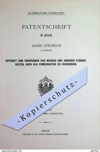 original Patent - James Atkinson , London , England | 1877 | Vorwärmen von Wasser | Kondensator | Dampfkessel , Kessel