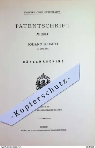 original Patent - Johann Schmitt , Coblenz / Koblenz | 1878 | Häkelmaschine | Häkeln , Stricken , Wolle , Strickmaschine