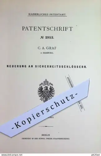 original Patent - C. A. Graf , Hamburg | 1877 | Sicherheitsschloss | Türschloss , Tür - Schloss | Chubb , Schlosserei !!