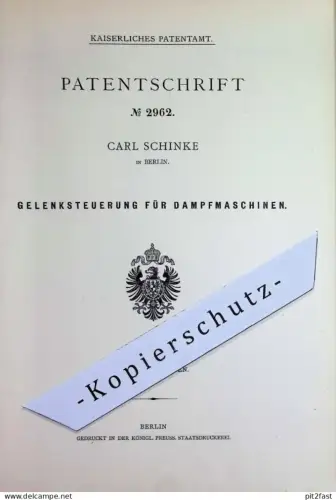 original Patent - Carl Schinke , Berlin | 1878 | Gelenksteuerung für Dampfmaschinen | Motor , Motoren , Dampfmaschine