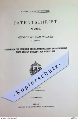 original Patent - George William Wigner , London , England | 1877 | Reinigung des Wasser für Dünger - Gewinnung | Düngen