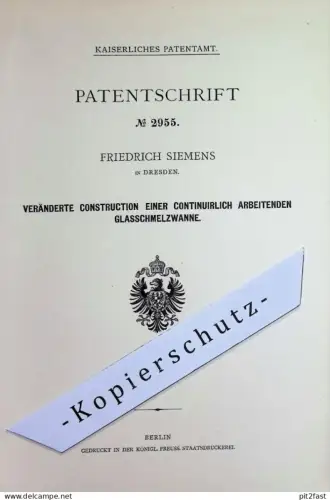 original Patent - Friedrich Siemens , Dresden | 1887 | Glasschmelzwanne | Glas - Schmelzwanne | Gasofen | Gläser