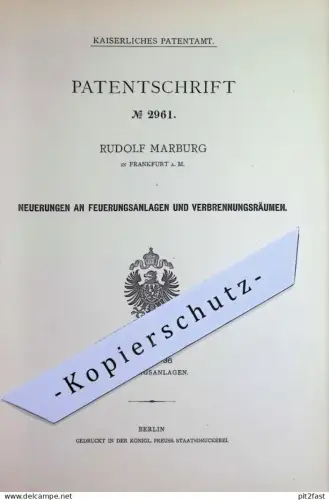 original Patent - Rudolf Marburg , Frankfurt / Main | 1878 | Verbrennungsraum an Feuerungsanlage | Feuerung , Ofen Öfen