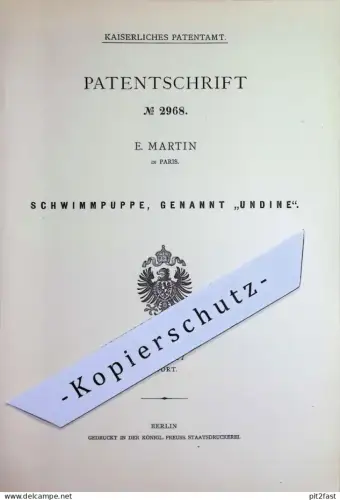original Patent - E. Martin , Paris , Frankreich | 1878 | Schwimmpuppe | Undine | Spielzeug mit Uhrwerk | Puppe , Spiel