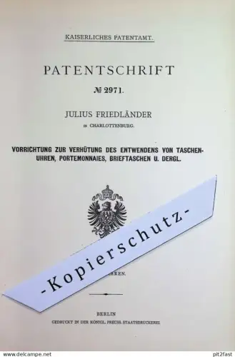 original Patent - Julius Friedländer , Berlin / Charlottenburg | 1878 | Diebstahl - Schutz an Uhren , Brieftaschen | Uhr