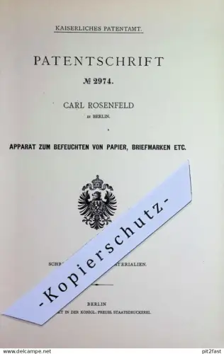 original Patent - Carl Rosenfeld , Berlin | 1878 | Befeuchten von Papier , Briefmarken | Filz , Schwamm , Post , Stempel