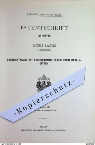original Patent - Moritz Sachs , Nürnberg | 1878 | Zigarrentasche mit scherenartigem Metallgitter | Zigarren Tasche