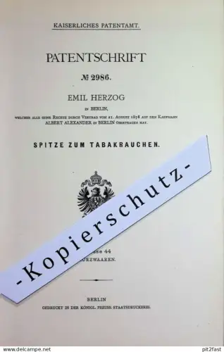 original Patent - Emil Herzog | Albert Alexander , Berlin | 1878 | Spitze zum Tabakrauchen | Tabak , Rauchen , Pfeife !