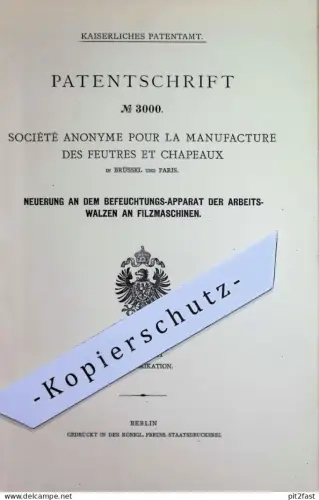 original Patent - Société Anonyme Pour la Manufacture des Feutres et Chapeaux , Brüssel , Paris | 1877 | Filzmaschine