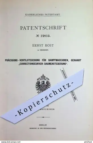 original Patent - Ernst Rost , Dresden | 1880 | Ventilsteuerung für Dampfmaschinen | Motor , Motoren , Dampfmaschine